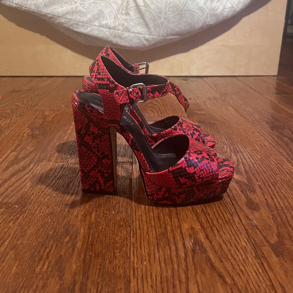 Red and black platform snake print madden girl chunky heels